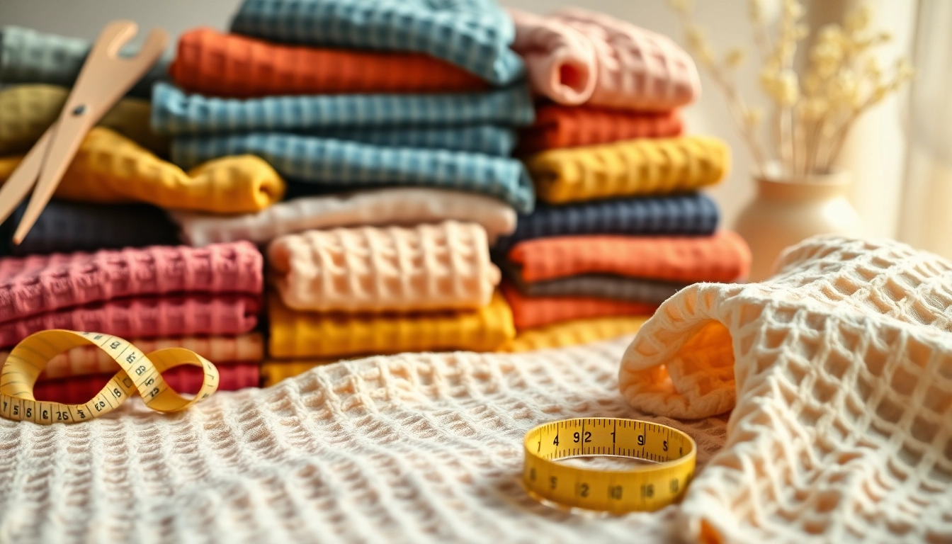 Wafel katoen met diverse kleuren en texturen, zichtbaar in een stijlvolle opstelling.