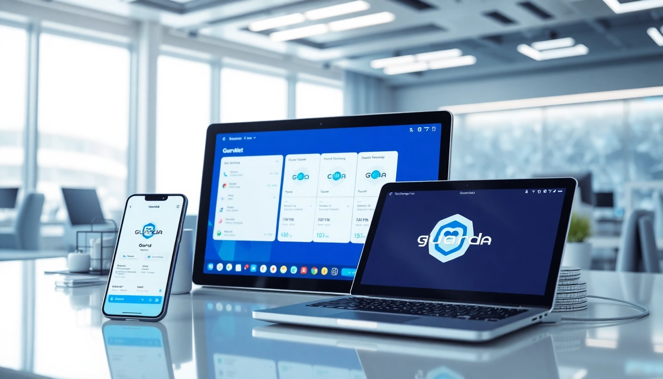 Showcase guarda wallet interface on various devices in a modern workspace environment.