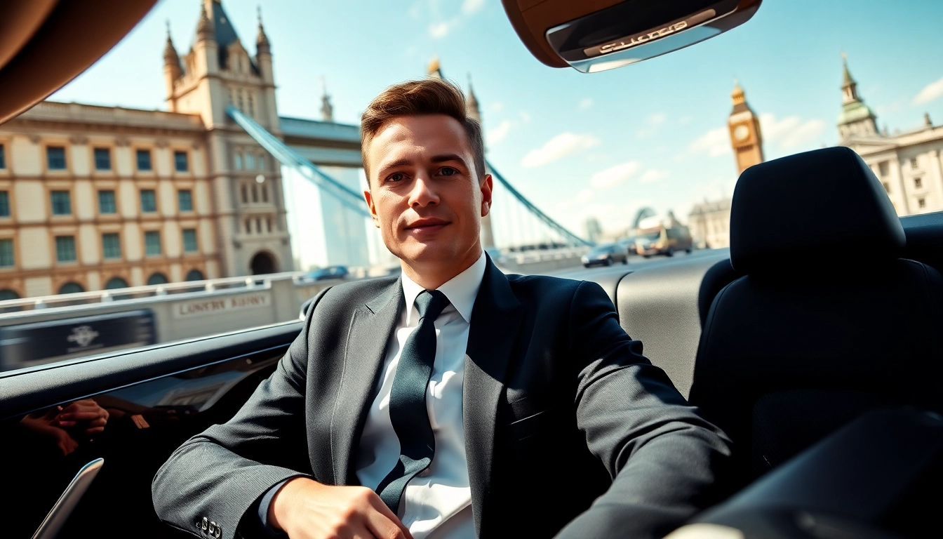 Experience a luxury london chauffeur service with a professional driver amidst London's iconic skyline.