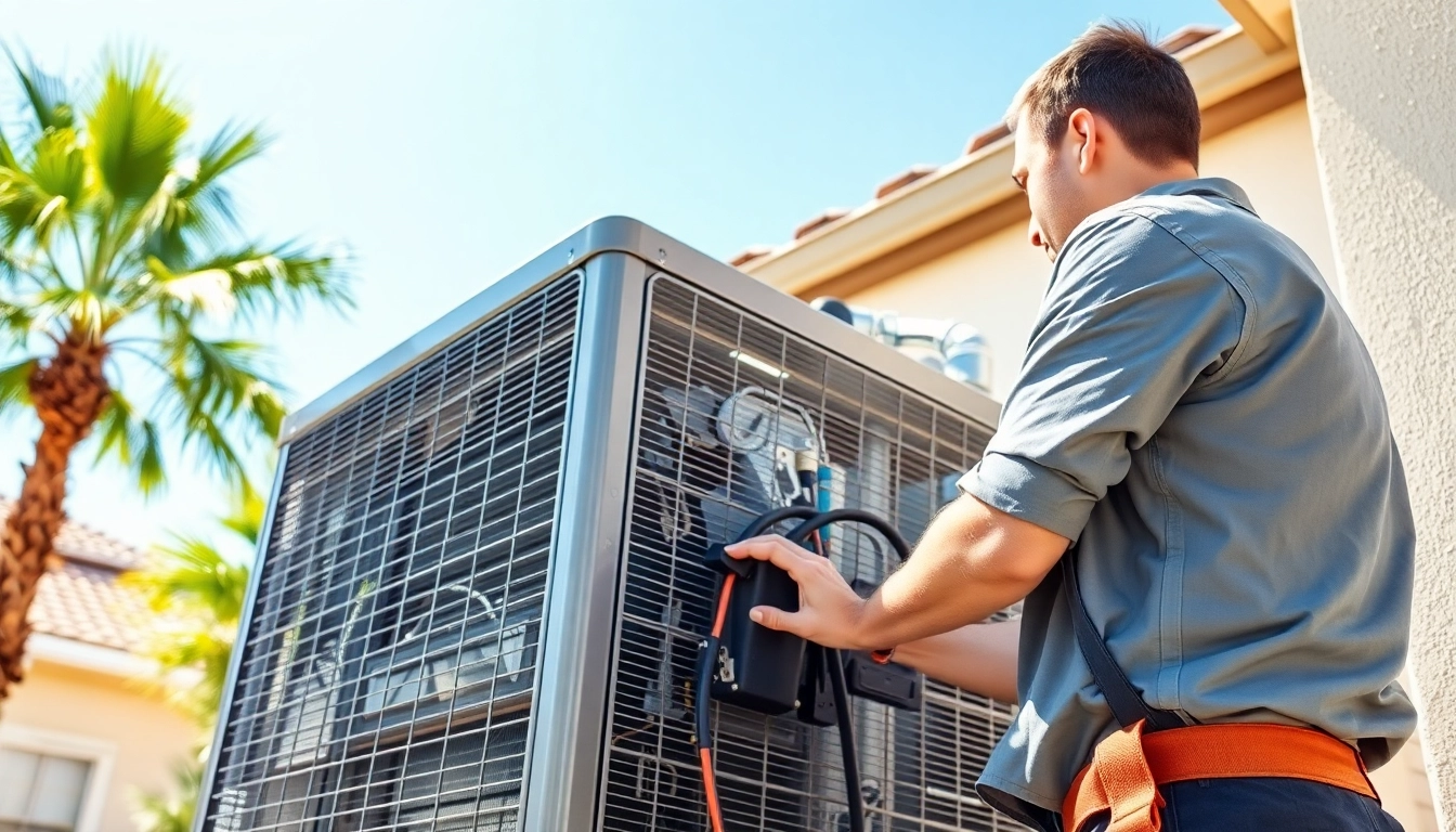 Technician performing ac repair glendale az in a sunny residential setting.