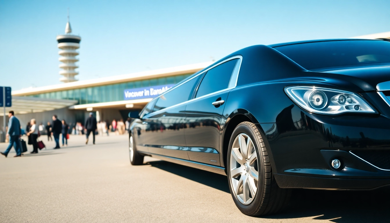 Experience luxurious limo Vancouver airport service with a sleek limousine in front of the terminal.