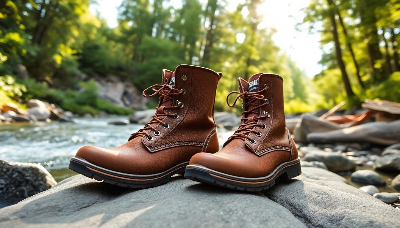 Showcasing Fly fishing boots positioned on rocks beside a flowing river, highlighting their durability.